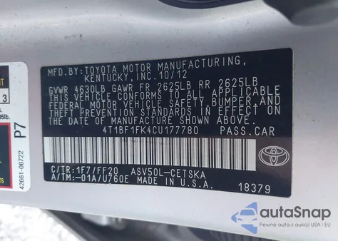 2012 Toyota Camry Se from USA, damaged, VIN 4T1BF1FK4CU177780